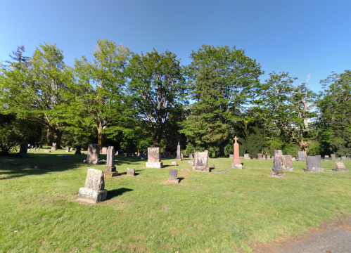 A peaceful cemetery with various gravestones surrounded by lush green trees and clear blue skies.