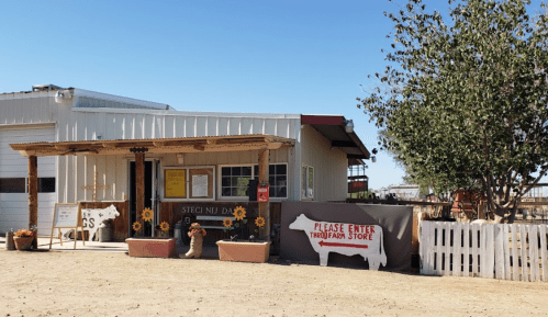 A rustic farm store with a porch, planters, and a sign inviting visitors to enter, surrounded by a dirt landscape.