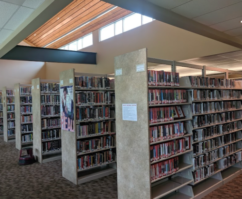 A spacious library interior with tall bookshelves filled with books and large windows letting in natural light.