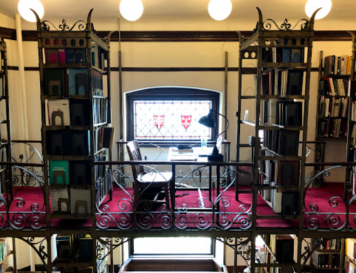 A cozy library with ornate bookshelves, a desk by a window, and warm lighting creating an inviting atmosphere.