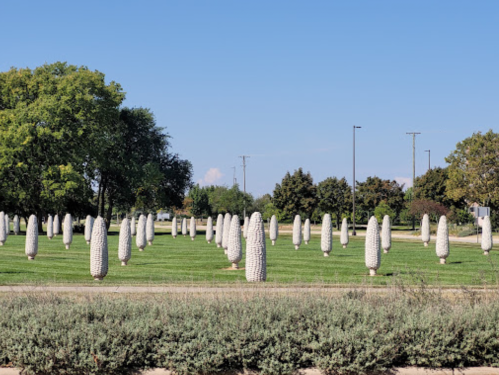 A field with numerous white, cone-shaped sculptures surrounded by green grass and trees under a clear blue sky.