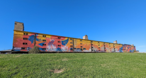 A large, colorful graffiti-covered building against a clear blue sky, set on a grassy landscape.