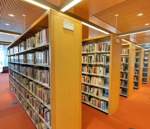 A modern library interior with wooden bookshelves filled with books and a bright, spacious atmosphere.