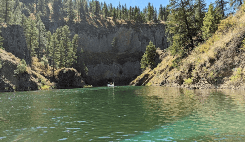 A serene river scene surrounded by tall trees and rocky cliffs, with a small boat in the distance.