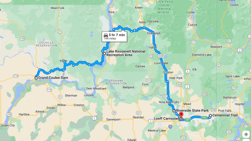 Map showing a route from Grand Coulee Dam to Lake Roosevelt National Recreation Area, covering 194 miles in 5 hours 7 minutes.