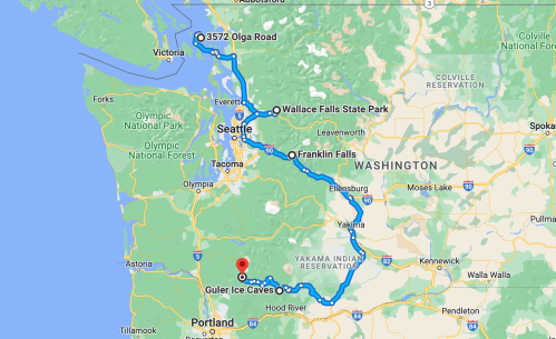 Map showing a route from Victoria to Guler Ice Caves, passing through Seattle and Wallace Falls State Park.
