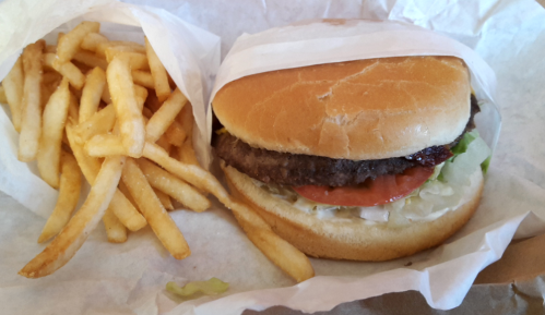 A hamburger with lettuce, tomato, and a side of golden French fries in a takeout container.
