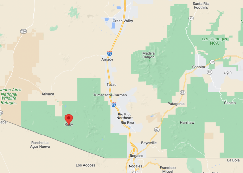Map showing the area around Ruby, Arizona, with nearby landmarks and geographical features.
