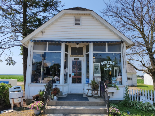 Charming white café with large windows, a sign reading "Serena Café," and a welcoming entrance surrounded by greenery.