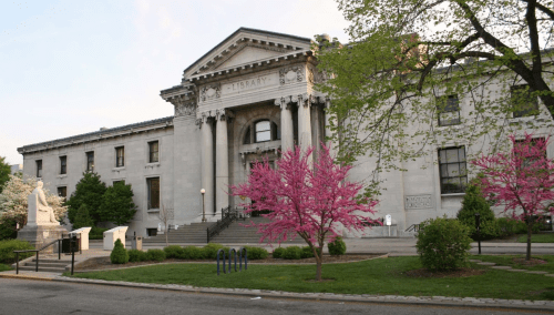 A grand library building with classical architecture, surrounded by vibrant pink trees and green landscaping.