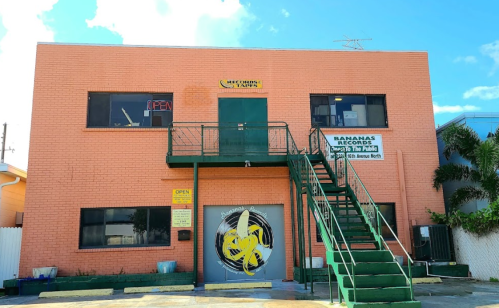 A pink two-story building with green stairs and a sign for "Bananas Records" on the front. Windows are open.