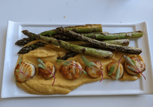A plate featuring seared scallops on a bed of creamy puree, accompanied by grilled asparagus and garnished with herbs.