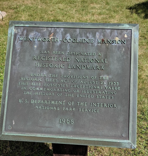 Plaque marking Wentworth-Coolidge Mansion as a National Historic Landmark, established in 1968.