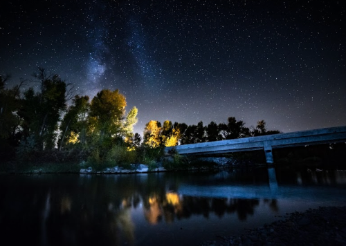 A serene night scene with a starry sky, a bridge over a river, and illuminated trees reflecting in the water.