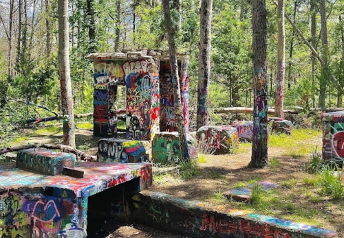 Colorful graffiti covers stone structures in a wooded area, surrounded by trees and greenery.