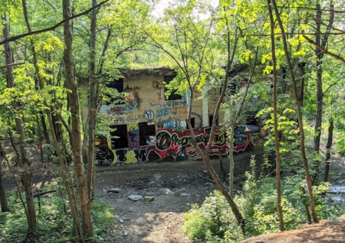 Abandoned building covered in colorful graffiti, surrounded by lush green trees and a rocky path.