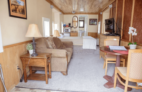 Cozy interior of a small living space featuring a sofa, dining table, kitchenette, and a bed in the background.