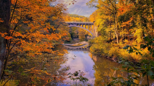 A scenic view of a bridge over a river, surrounded by vibrant autumn foliage and reflections in the water.