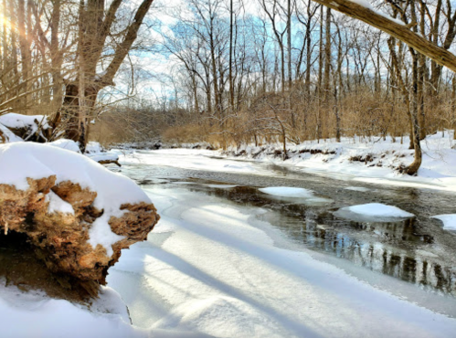 A serene winter scene with a snow-covered riverbank and trees, reflecting sunlight on a partially frozen river.