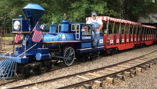 A blue steam train with a red passenger car, driven by a conductor in overalls, on a track surrounded by trees.
