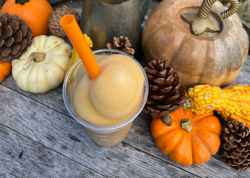 A frozen drink in a cup with an orange straw, surrounded by pumpkins and pinecones on a wooden surface.