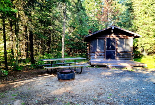 A rustic cabin surrounded by trees, with a picnic table and fire pit in a serene forest setting.