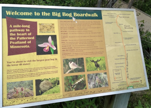Sign at the Big Bog Boardwalk, detailing the pathway and wildlife of Minnesota's largest peat bog.