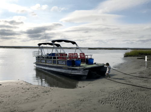 A boat is anchored in shallow water, with a child pulling a rope on the shore, surrounded by marshland and cloudy skies.