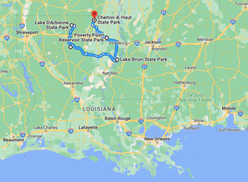 Map showing locations of various state parks in Louisiana, including Lake Bruin and Poverty Point.