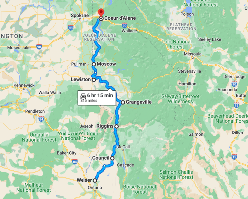 Map showing a route from Spokane to Coeur d'Alene, highlighting key locations and travel time of 6 hours 15 minutes.