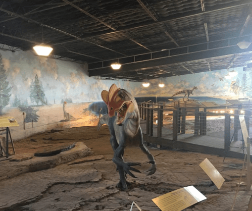 A dinosaur exhibit featuring a life-sized dinosaur model in a museum setting with informative signs.