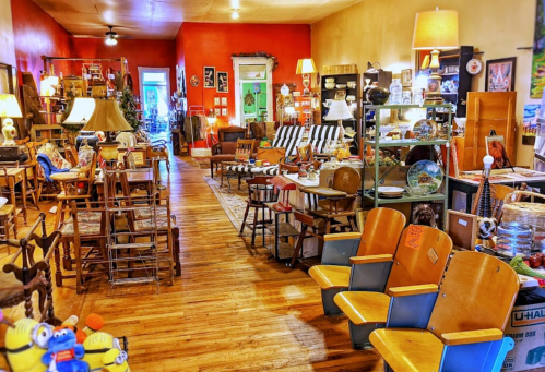 A cozy vintage shop filled with eclectic furniture, decor, and collectibles, featuring wooden floors and warm lighting.
