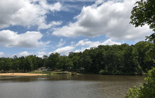 A serene lake surrounded by lush greenery and a sandy beach under a partly cloudy sky.