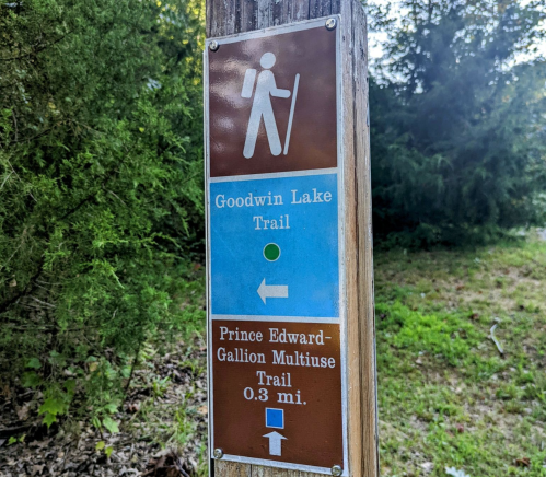 Trail sign indicating Goodwin Lake Trail and Prince Edward-Gallion Multiuse Trail, with distances and directional arrows.