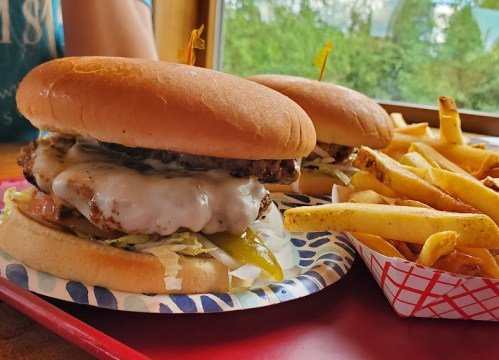 Two burgers with melted cheese and toppings on paper plates, accompanied by a side of golden French fries.