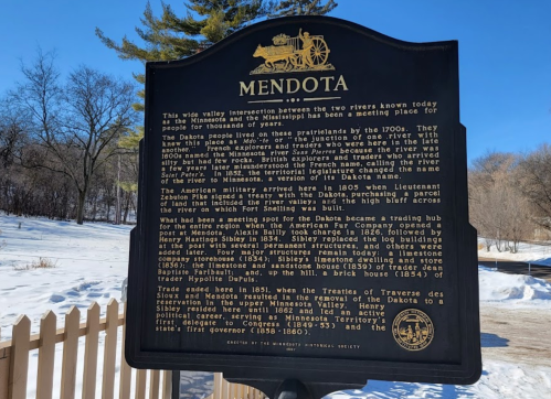 Historical marker about Mendota, detailing its significance and the Dakota people's history in the area.