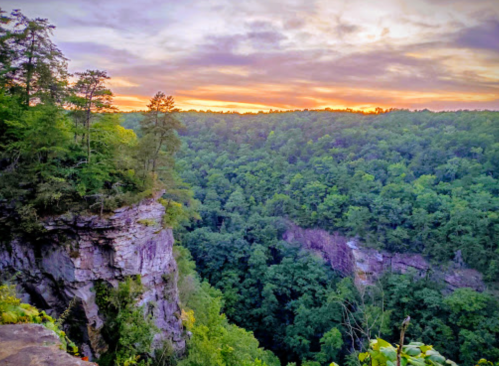 A scenic view of a lush green valley at sunset, with cliffs and trees silhouetted against a colorful sky.