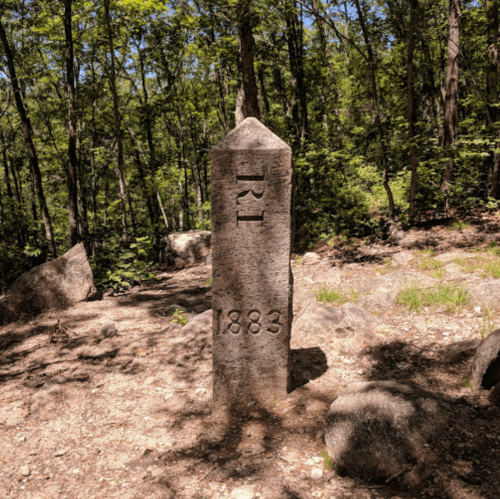 A stone marker inscribed with "RI" and "1883" stands among trees and rocks in a forested area.