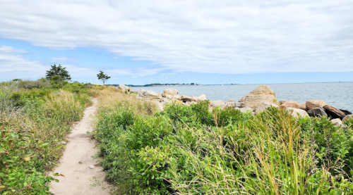 A sandy path lined with greenery leads to a rocky shoreline and calm waters under a partly cloudy sky.