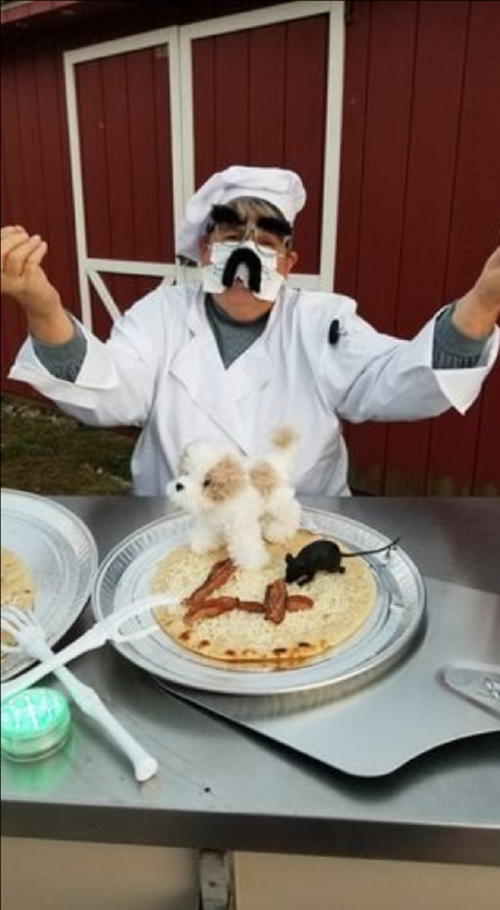 A chef in a white hat and mask presents a quirky dish with stuffed animals on a plate, surrounded by cooking utensils.