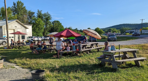 Outdoor seating area with picnic tables and umbrellas, filled with people enjoying a sunny day. Green hills in the background.