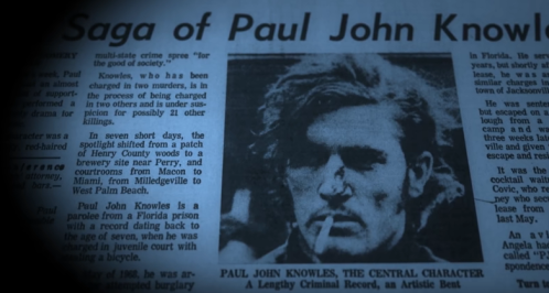 Black and white newspaper article about Paul John Knowles, detailing his criminal charges and background.