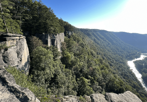 A scenic view of a cliff overlooking a lush green valley and winding river under a clear blue sky.