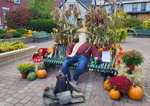 A scarecrow sits on a bench surrounded by autumn decorations, pumpkins, and colorful plants in a park setting.