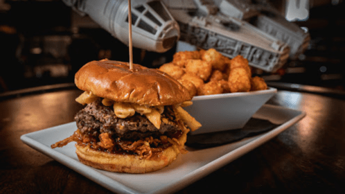 A gourmet burger with toppings and a side of tater tots, set against a backdrop of a spaceship model.