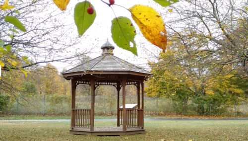 A wooden gazebo surrounded by autumn leaves and trees, with a serene landscape in the background.