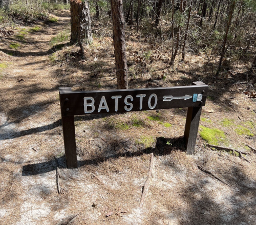 Wooden signpost reading "BATSTO" along a forested trail, surrounded by pine needles and trees.