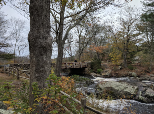 A serene landscape featuring a wooden bridge over a flowing stream, surrounded by autumn trees and rocky terrain.