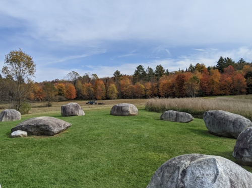 A grassy area with large rocks, surrounded by trees displaying autumn colors under a clear blue sky.