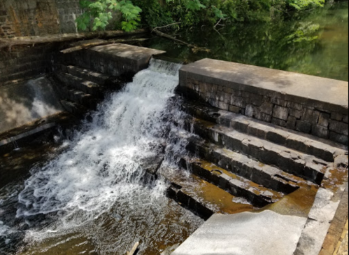 A small waterfall cascades over stone steps into a calm, reflective body of water surrounded by greenery.
